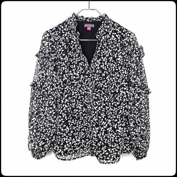 Vince Camuto Tops - VINCE CAMUTO Front Button Black White Leaf Sheer Sleeved Career Blouse Top Small